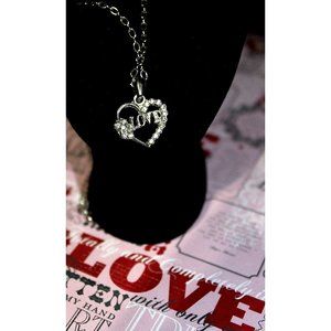 Silver Heart LOVE Necklace Pendant Diamond Rhinestone Chain Romantic Valentine